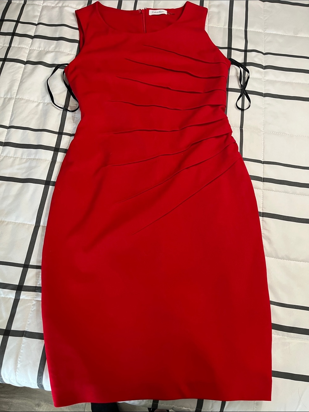 Calvin Klein Red Sleeveless Midi Sheath Dress with Asymmetrical Pleats